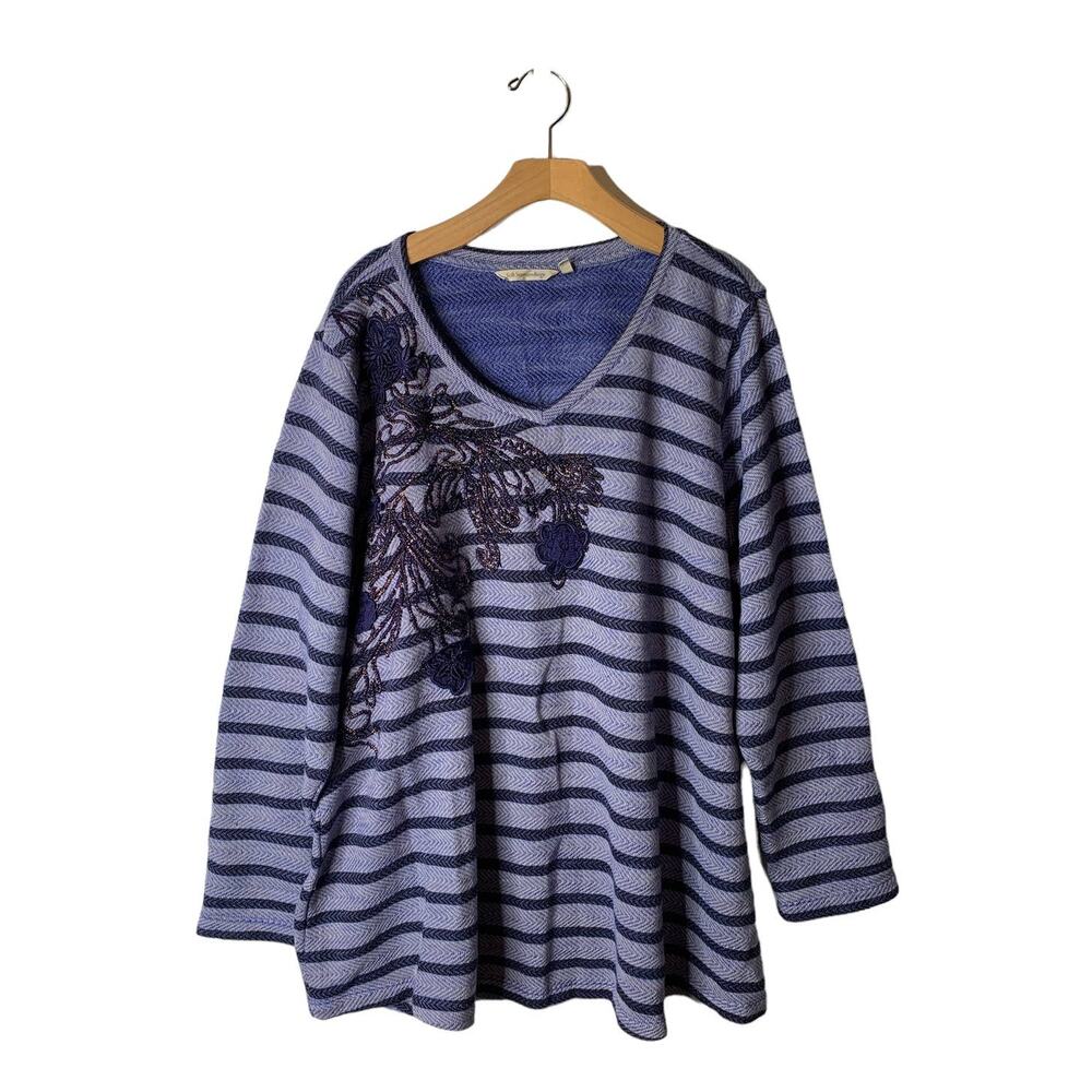 Soft Surroundings Plus 3X Blue Stripe Syrah Embroidered Knit Tunic Top 2BR46